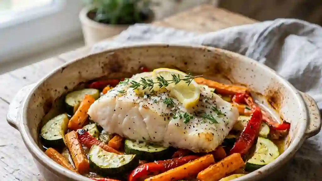 Poisson blanc fondant et légumes rôtis - Photo de présentation