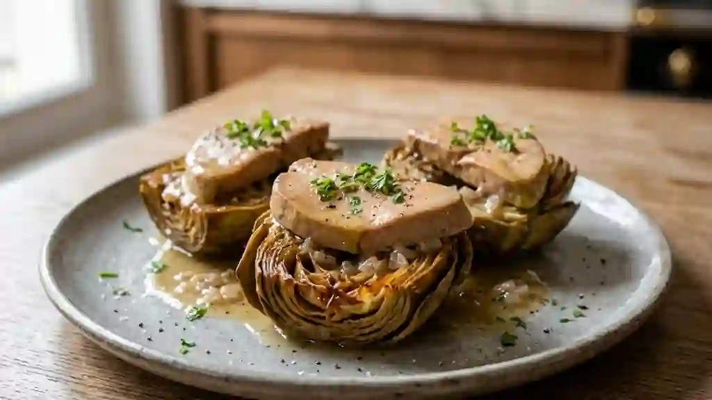 Artichauts rôtis au beurre et foie gras soyeux - Photo de présentation
