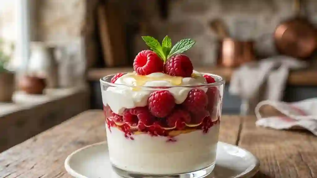 Fromage blanc onctueux au miel et framboises - Photo de présentation