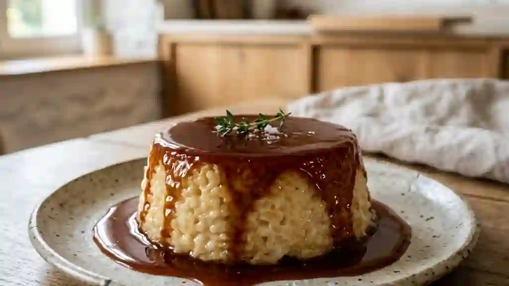 Gâteau de riz crémeux au caramel ambré - Photo de présentation