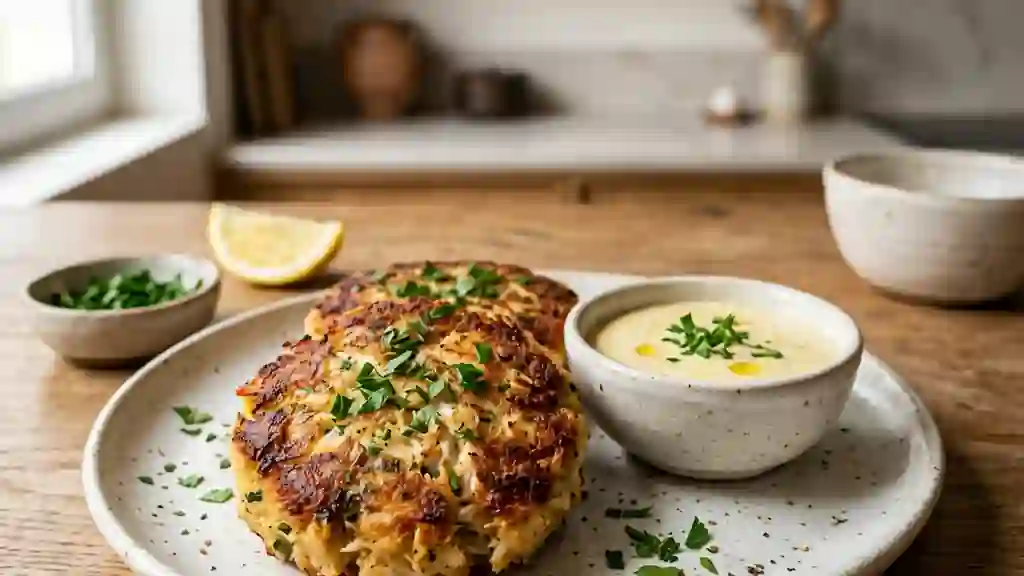 Crab Cakes dorés et leur sauce crémeuse - Photo de présentation