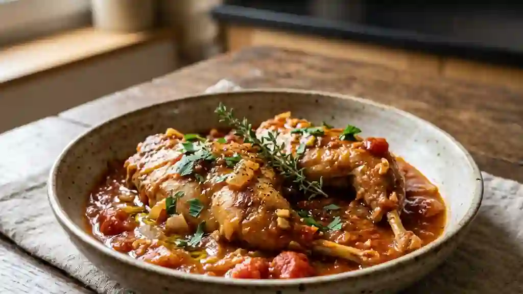 Lapin fondant à la tomate et vin blanc - Photo de présentation