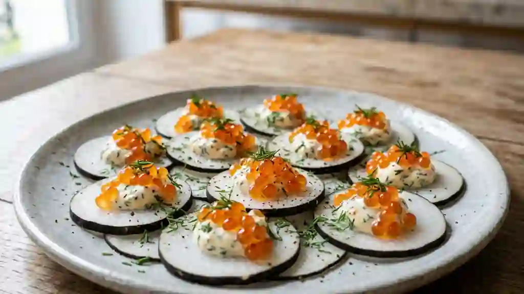 Bouchées fraîches aux œufs de saumon et radis - Photo de présentation