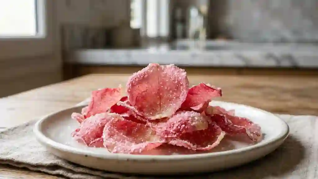 Pétales de rose cristallisés et craquants - Photo de présentation