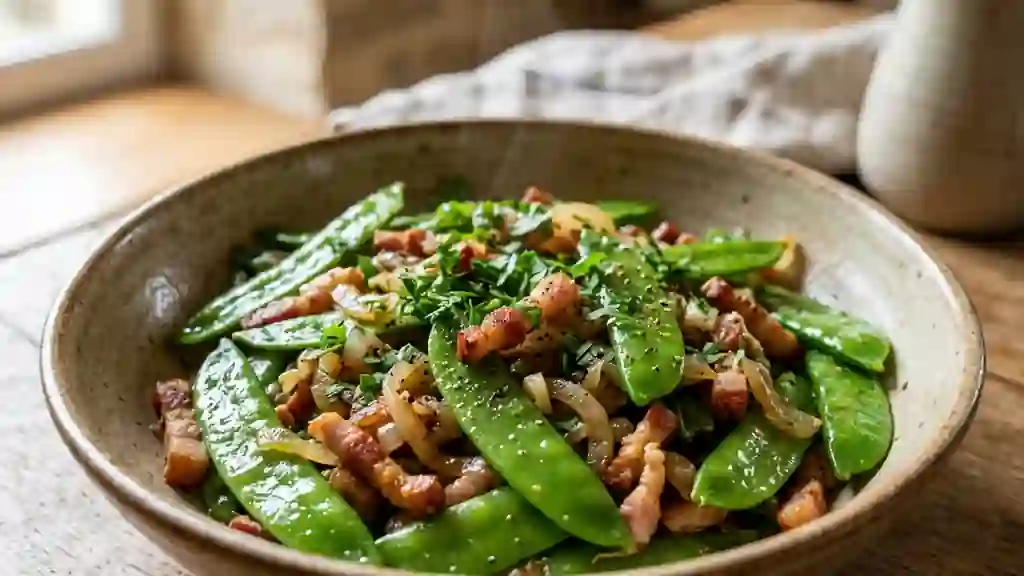 Pois mange-tout croquants aux lardons fumés - Photo de présentation