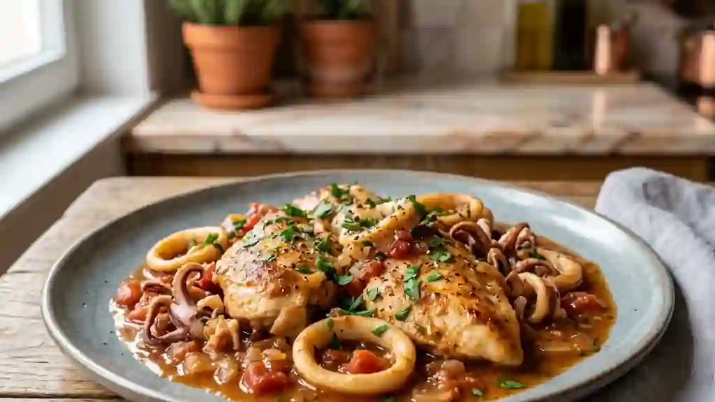 Duo Terre-Mer : Poulet et Calamars Tendres - Photo de présentation