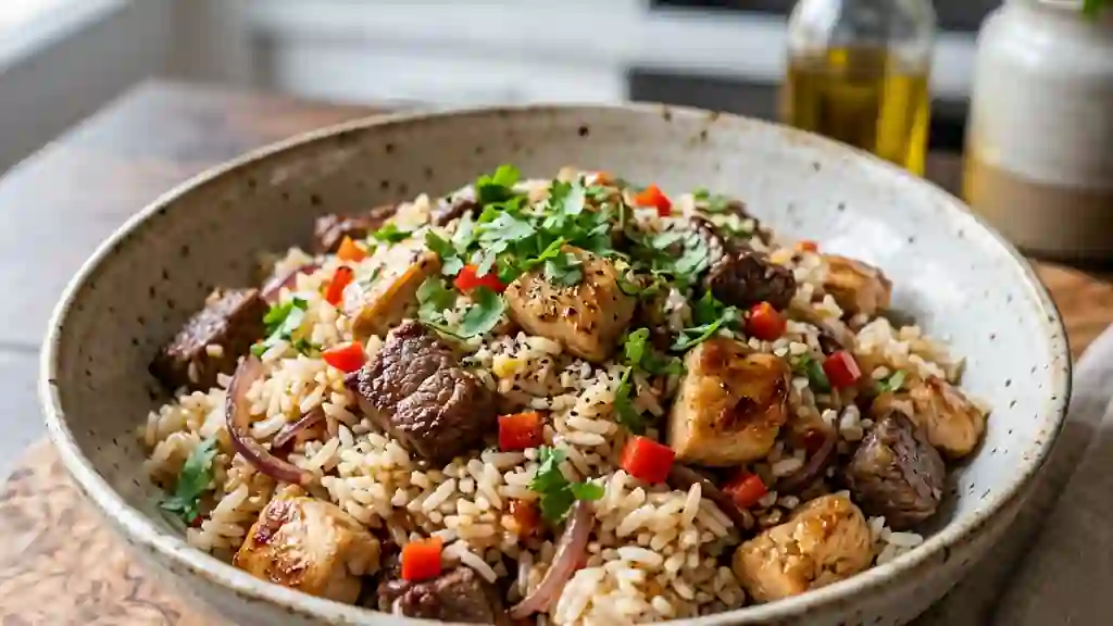 Riz sauté fondant au duo de viandes et soja - Photo de présentation