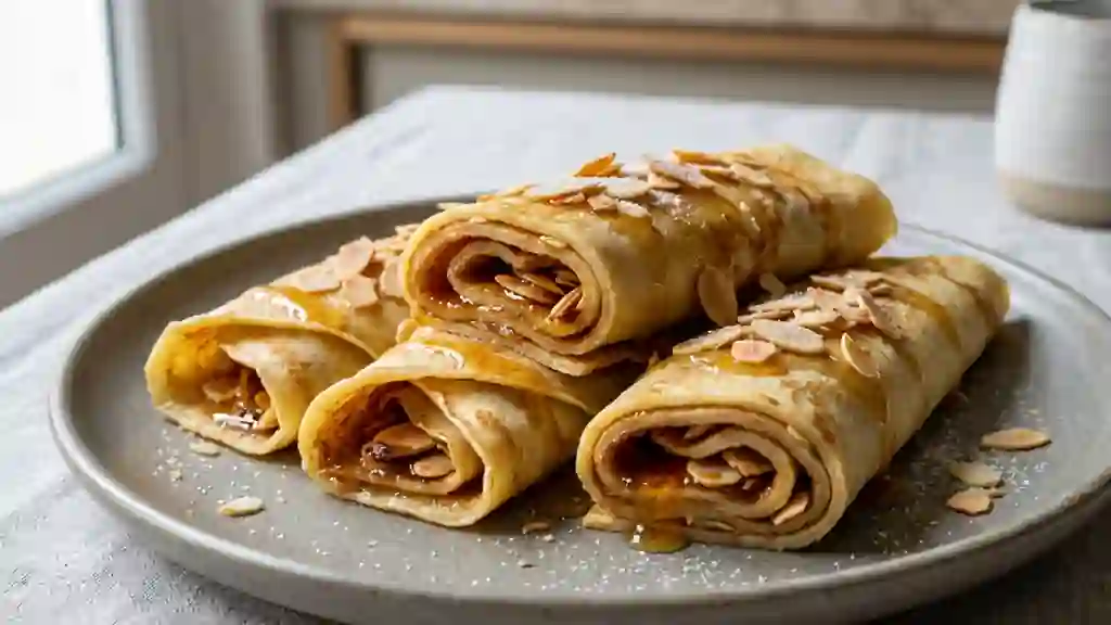Rouleaux de crêpes miel et amandes grillées - Photo de présentation