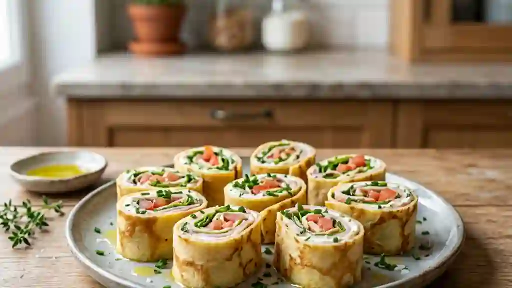 Roulés de crêpes frais au jambon et fromage - Photo de présentation