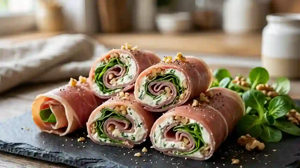 Roulés de jambon cru fondants au fromage et noix - Photo de présentation