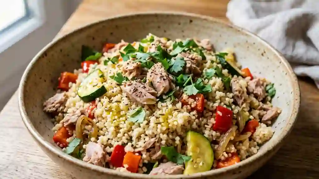 Couscous au thon et légumes sautés au cumin - Photo de présentation