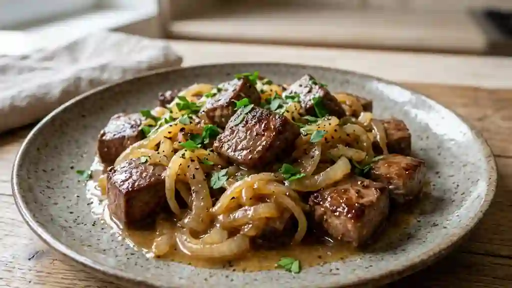 Dés de foie de veau fondants au vin blanc - Photo de présentation