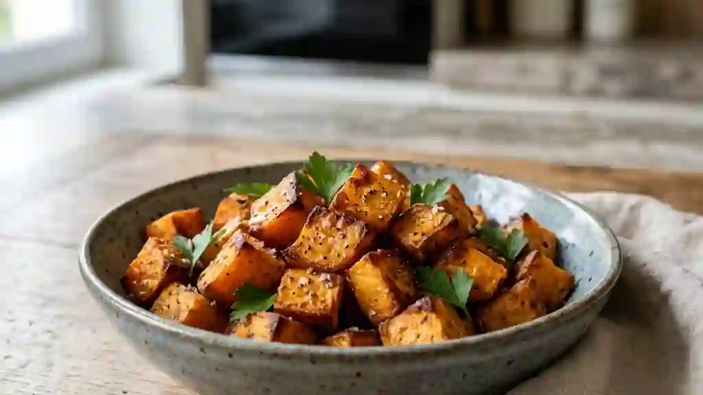 Dés de patate douce rôtis et fondants - Photo de présentation