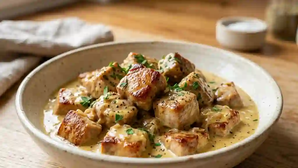 Dés de porc fondants à la crème de moutarde - Photo de présentation