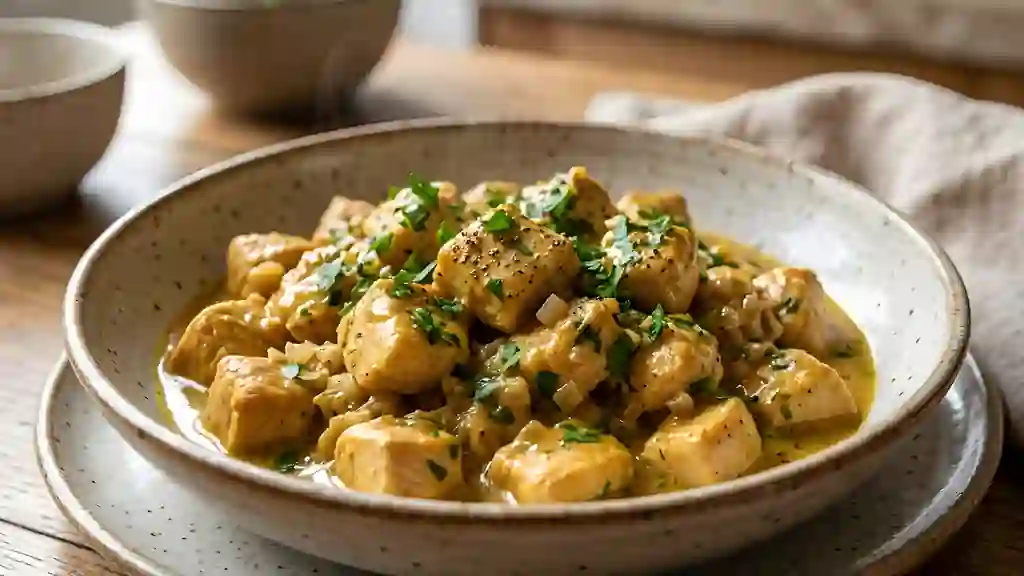 Dés de poulet au curry crémeux et herbes fraîches - Photo de présentation