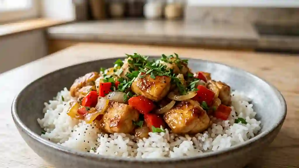 Poulet au soja et riz sauté aux poivrons - Photo de présentation