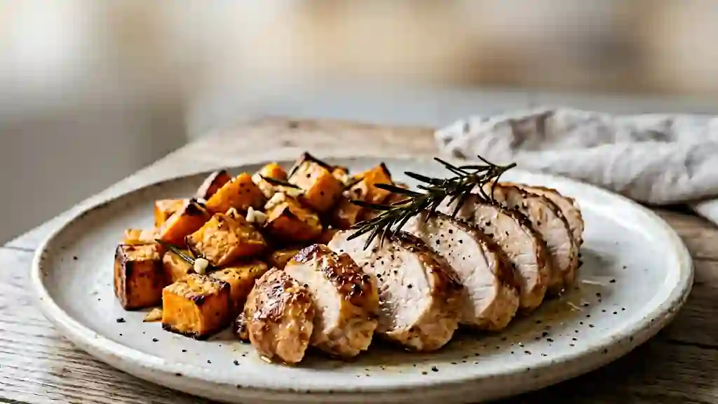 Dinde rôtie juteuse et patates douces au romarin - Photo de présentation