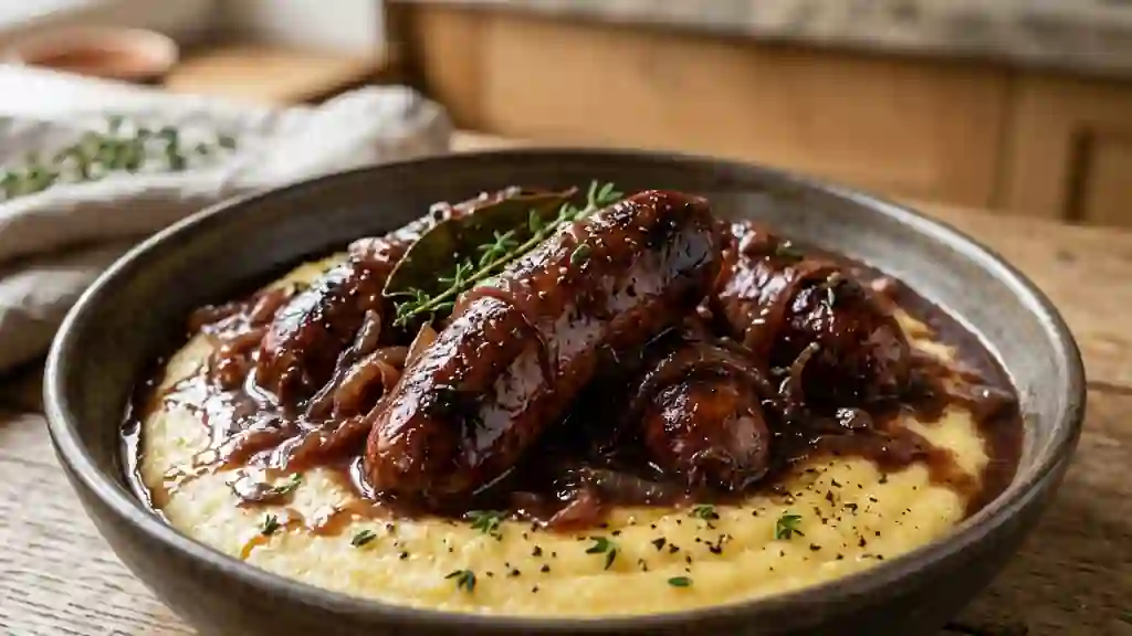 Diots braisés au vin rouge et oignons - Photo de présentation