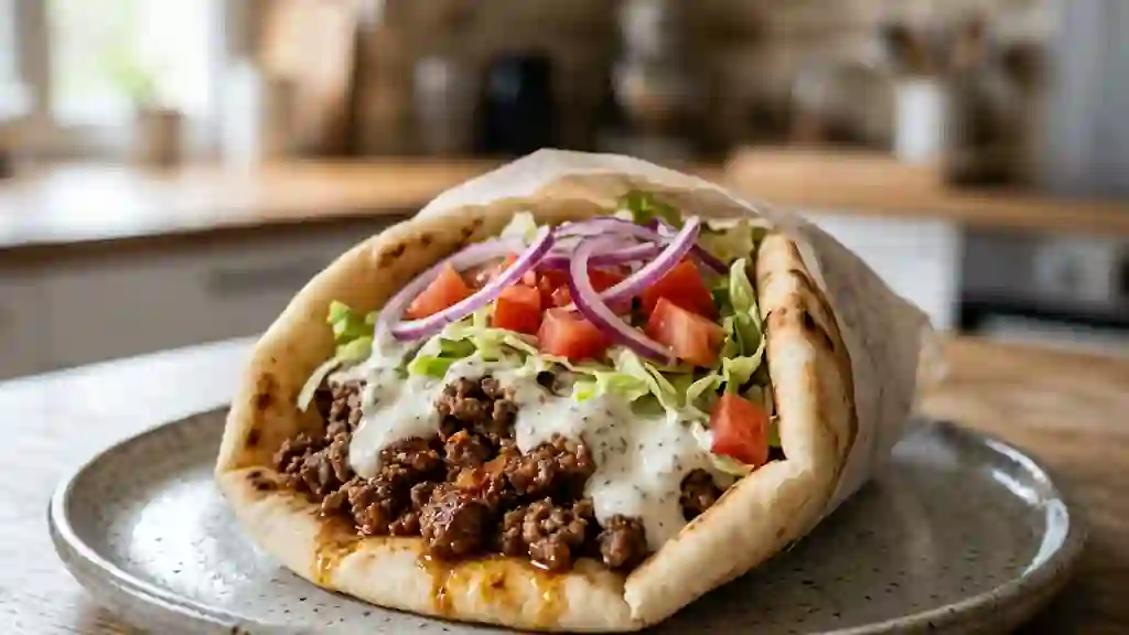 Donair de bœuf épicé et sauce ail onctueuse - Photo de présentation