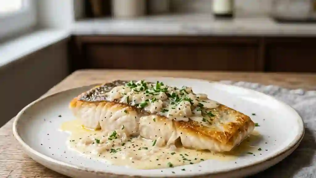 Duc blanc fondant sauce crème et vin blanc - Photo de présentation