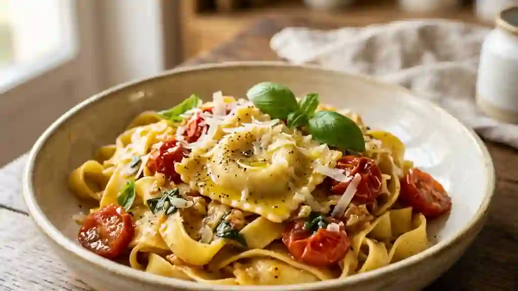 Tagliatelles et raviolis fondants ail et basilic - Photo de présentation