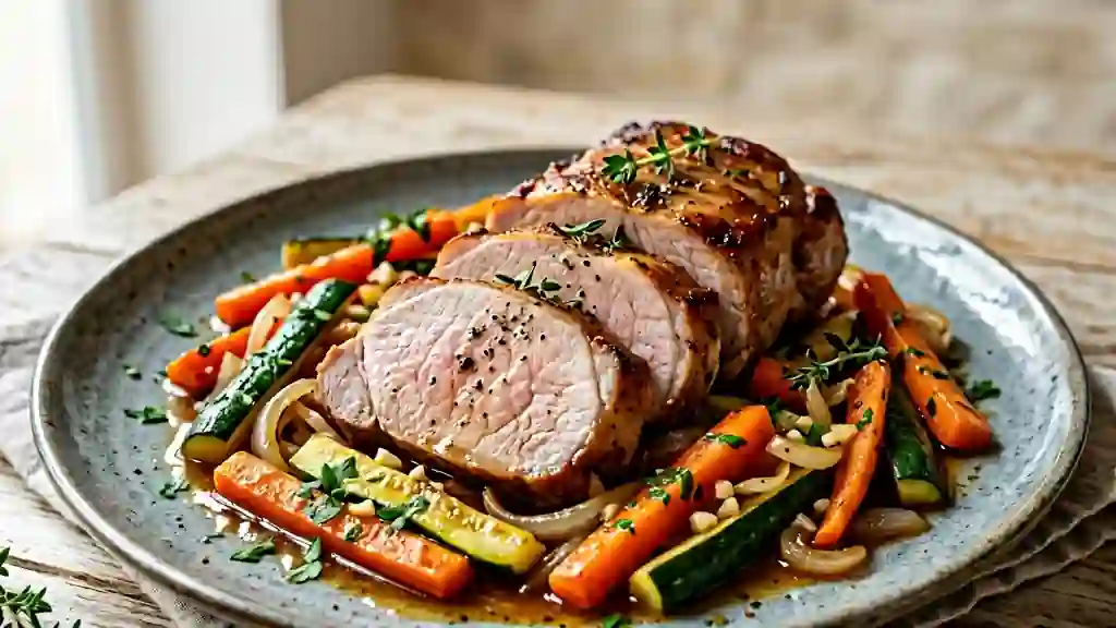 Échine de porc fondante et légumes rôtis - Photo de présentation