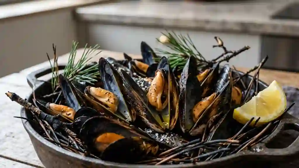 Éclade de moules fumée aux aiguilles de pin - Photo de présentation