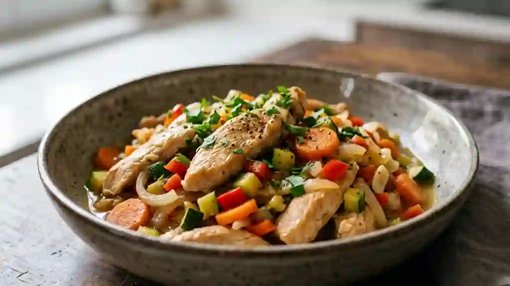 Émincé de dinde tendre aux petits légumes - Photo de présentation