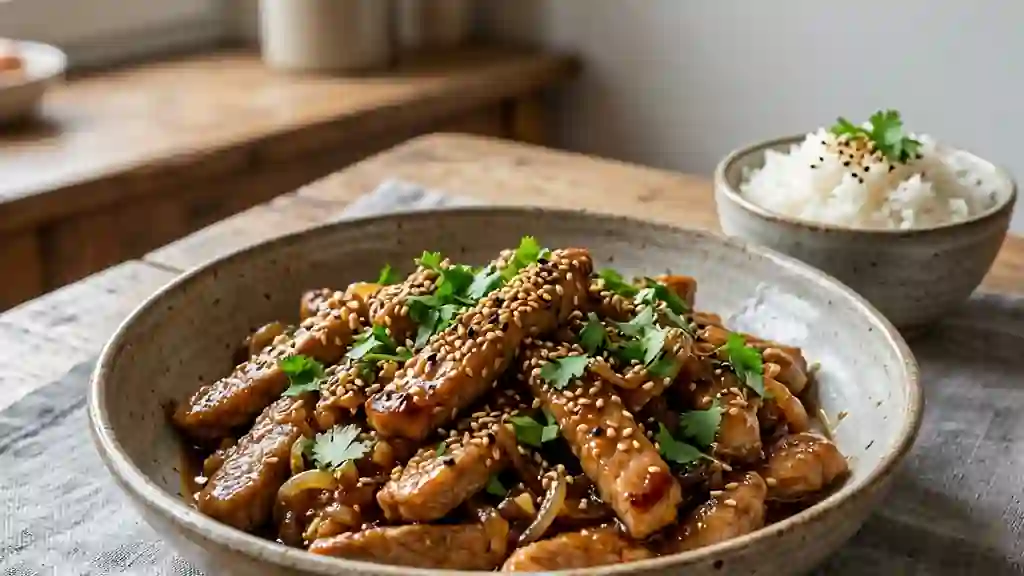 Émincé de porc caramélisé au miel et sésame - Photo de présentation