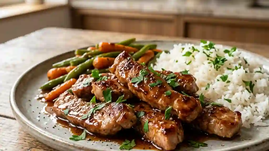 Émincé de porc laqué au miel et soja - Photo de présentation