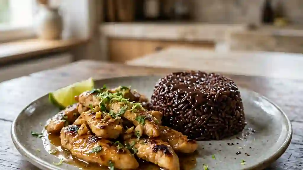 Poulet acidulé et riz onctueux au chocolat amer - Photo de présentation