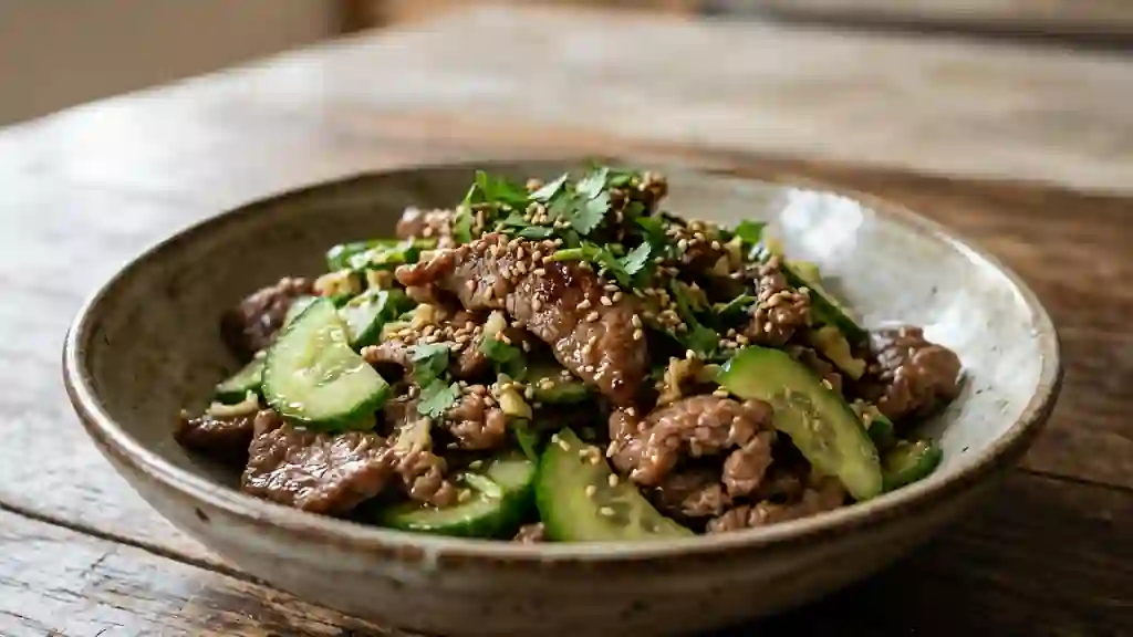 Wok de bœuf gingembre et concombre croquant - Photo de présentation