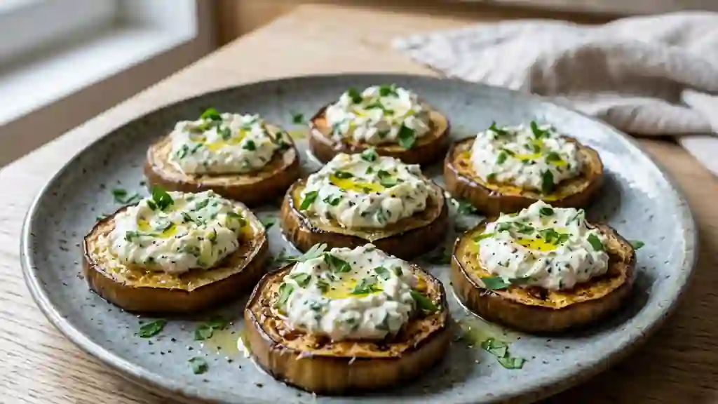 Bouchées d'aubergines fondues au fromage frais - Photo de présentation