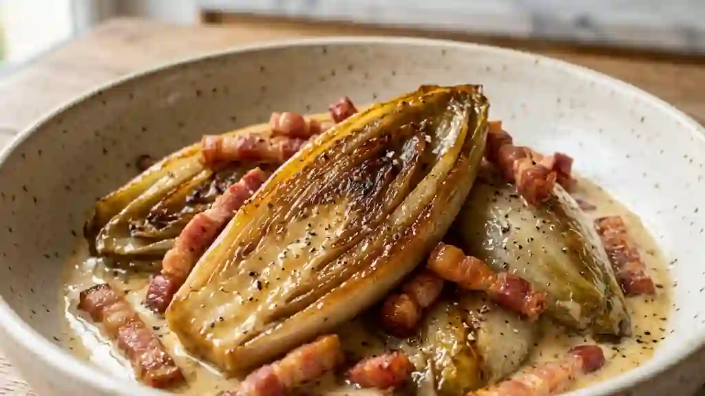 Endives braisées, lardons fumés et crème - Photo de présentation