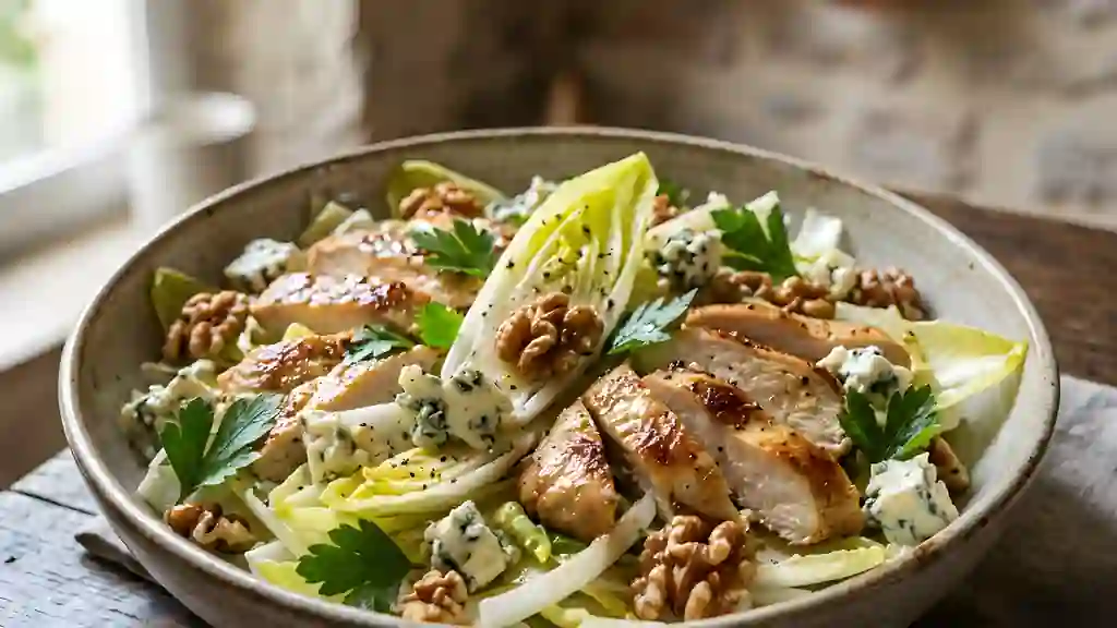 Endives croquantes, poulet doré et bleu fondant - Photo de présentation