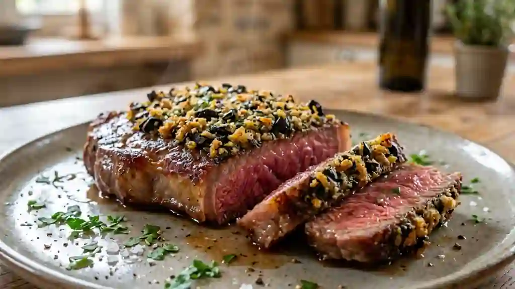 Entrecôte fondante et son craquant d'olives - Photo de présentation