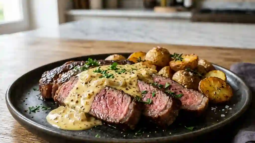 Entrecôte juteuse à la crème de moutarde - Photo de présentation