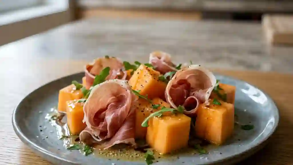 Melon frais, jambon de pays et miel fondant - Photo de présentation