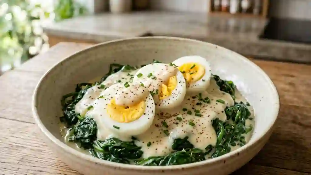 Épinards à la béchamel et œufs durs fondants - Photo de présentation