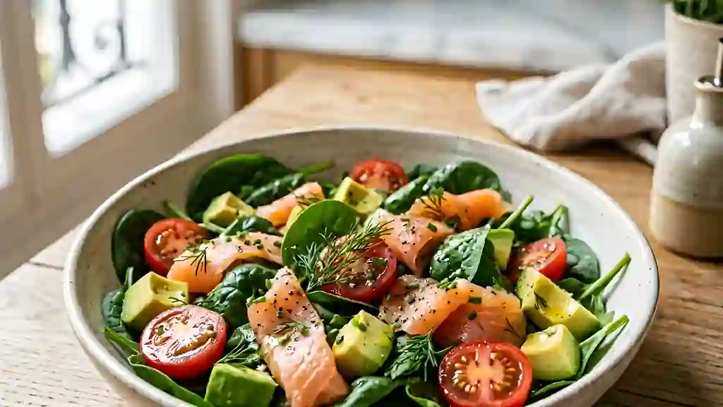 Épinards croquants, saumon fumé et avocat fondant - Photo de présentation