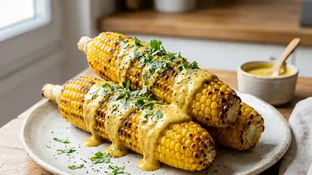 Épis de maïs grillés et sauce curry onctueuse - Photo de présentation