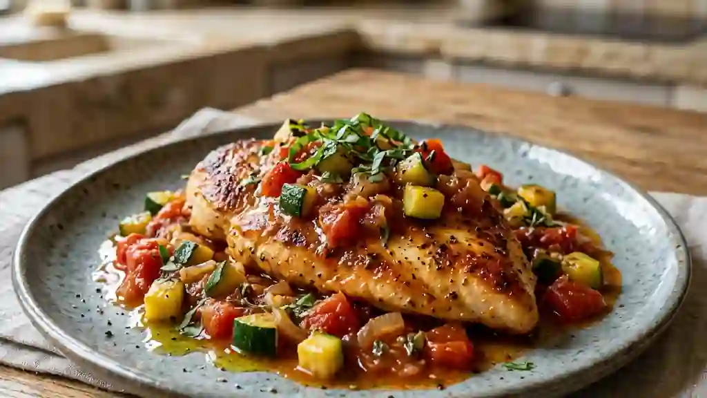 Escalope fondante, sauce tomate et courgette - Photo de présentation