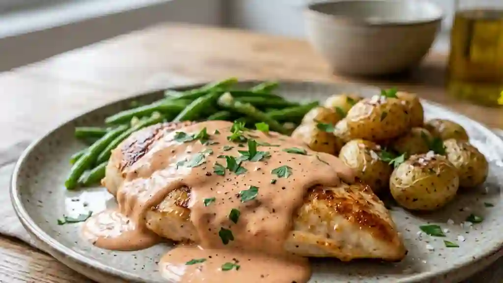 Escalope de poulet nappée de sauce rose crémeuse - Photo de présentation