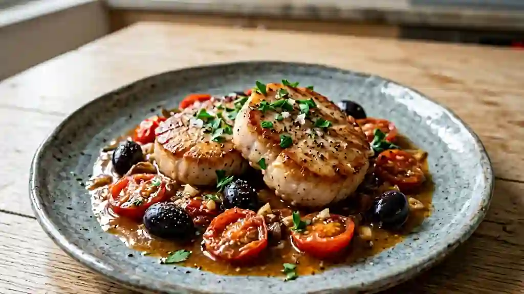 Escalopes de dinde tendres, olives et tomates - Photo de présentation