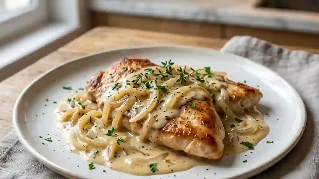 Escalopes de dinde à la crème d'oignons fondante - Photo de présentation