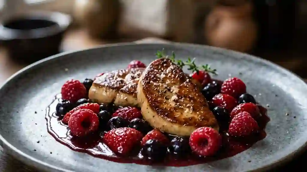 Foie gras snacké et fruits rouges caramélisés - Photo de présentation