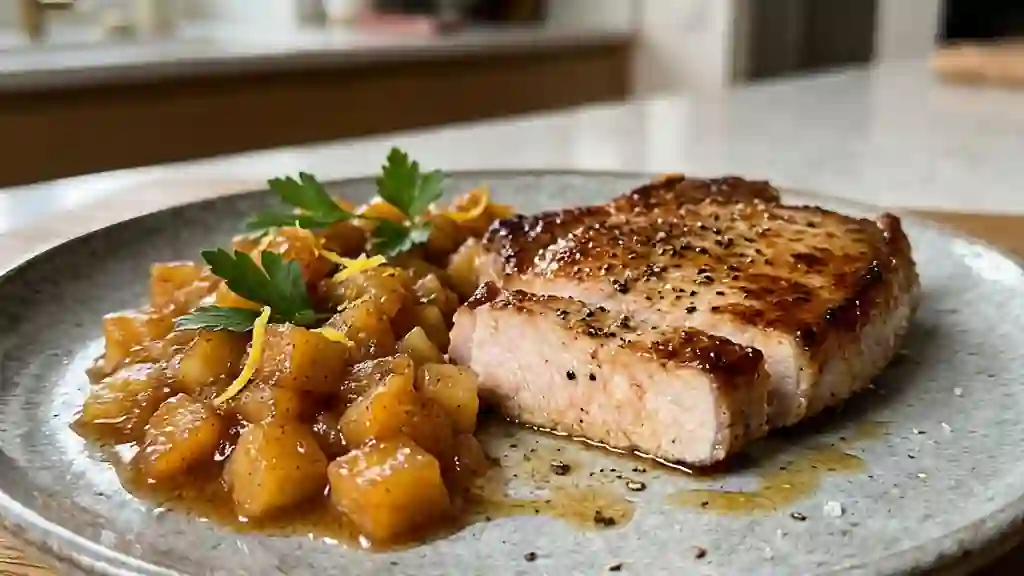 Escalopes de porc dorées et compote fondante - Photo de présentation