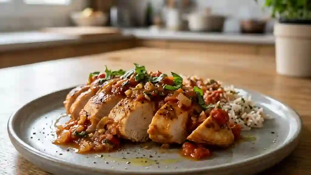 Poulet doré et sa compotée de tomates fraîches - Photo de présentation