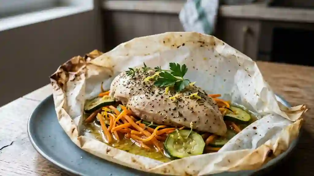 Poulet en papillote citronné et légumes croquants - Photo de présentation