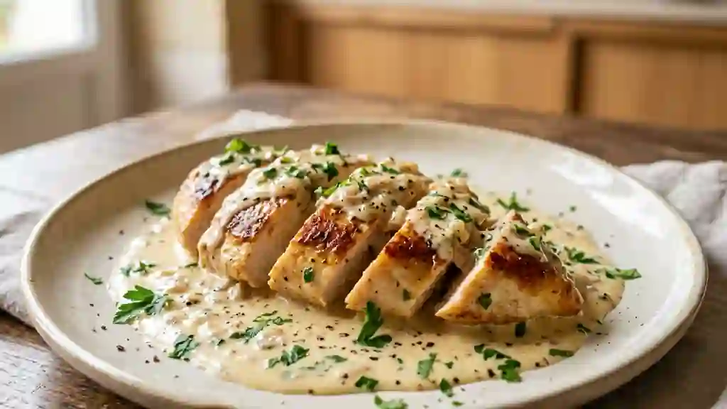 Escalopes de poulet crémeuses au vin blanc - Photo de présentation